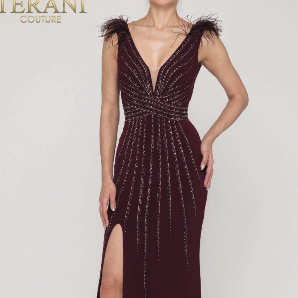 BEADED WINE DRESS WITH FEATHERS
